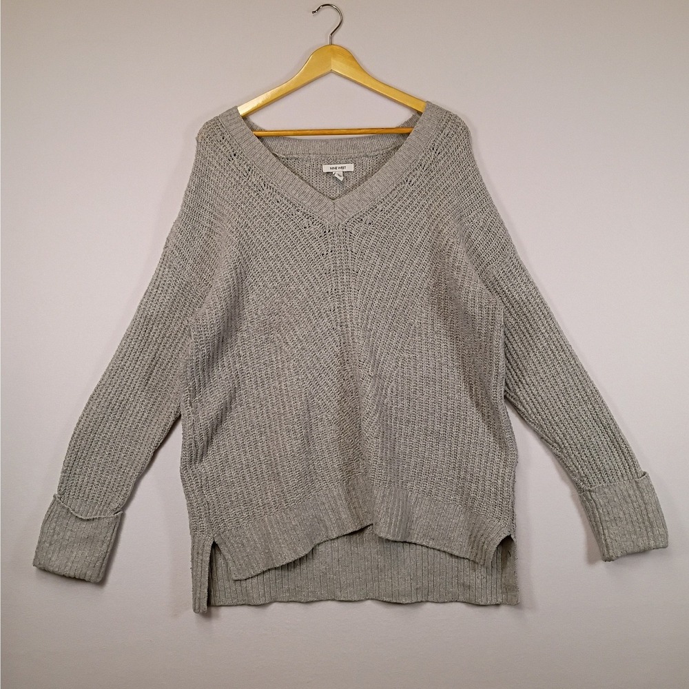Cozycore Nine West Womens XL Gray Textured V-Neck High-Low Ribbed Knit Sweater